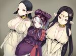  3girls bare_shoulders black_hair breasts cleavage collarbone dress fang female from_above ginji74 gloves jewelry large_breasts long_hair looking_at_viewer multiple_girls overlord_(maruyama) pointy_ears ponytail red_eyes shalltear_bloodfallen short_hair simple_background slit_pupils vampire_bride_(overlord) white_dress 