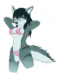  2018 bikini black_hair black_nose blue_eyes bottomwear breasts canine clothed clothing digital_media_(artwork) female fully_clothed fur green_ears green_fur green_stripes green_tail hair hands_behind_head mammal markings mikearctic multicolored_ears multicolored_fur multicolored_tail naomi_(thevileone) pink_bikini pink_bottomwear pink_clothing pink_swimwear pink_topwear portrait simple_background snout solo stripes swimsuit three-quarter_portrait topwear two_tone_ears two_tone_fur two_tone_tail wardrobe_malfunction white_background white_breasts white_ears white_fur white_tail wide_eyed wolf 