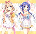  :d animal_ears bangs blonde_hair blue_bow blue_eyes blue_hair blue_neckwear blush bow breasts bunny_ears cleavage commentary_request dress ear_grab easter easter_egg egg hair_bow jacket jewelry long_hair looking_at_viewer low_twintails medium_breasts multiple_girls neck_ribbon neckerchief open_mouth original pendant polka_dot purple_neckwear purple_ribbon quad_tails red_bow ribbon ribbon_trim sailor_collar short_dress short_hair shorts_under_dress smile suimya twintails yellow_bow yellow_jacket 