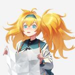  bangs blonde_hair blue_eyes gambier_bay_(kantai_collection) hair_between_eyes hairband holding_map jacket kantai_collection long_hair long_sleeves open_mouth school_uniform simple_background solo space_cat_(meme) twintails white_background wide-eyed yue_(tada_no_saboten) 