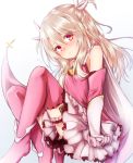 baram bare_shoulders blonde_hair blush boots cape commentary_request elbow_gloves eyebrows_visible_through_hair eyes_visible_through_hair fate/kaleid_liner_prisma_illya fate_(series) gloves hair_between_eyes hair_ornament illyasviel_von_einzbern long_hair looking_at_viewer pink_footwear pink_gloves prisma_illya red_eyes simple_background solo tears thigh_boots thighhighs two_side_up white_background white_cape white_gloves 