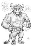  2016 anthro bovine buffalo cape_buffalo chief_bogo clothed clothing disney english_text fur hair hi_res male mammal muscular muscular_male officer signature simple_background solo source_request speech_bubble text thought_bubble uniform unknown_artist white_background zootopia 