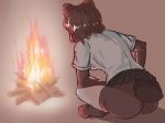  animal_ears arm_support ass bear_ears bear_girl bear_tail bike_shorts black_skirt brown_bear_(kemono_friends) campfire extra_ears facing_away fire from_behind full_body kemono_friends leaning_forward microskirt riri_(dgra3272) shiny shiny_hair shirt short_hair shorts shorts_under_skirt sitting skirt solo tail tail_through_clothes white_shirt 