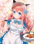  animal_ears apron bangs blue_bow blue_eyes blue_neckwear blueberry blush bow breasts brooch cat_ears cleavage cleavage_cutout closed_mouth colored_eyelashes eyebrows_visible_through_hair food frilled_apron frilled_cuffs frilled_sleeves frills fruit gem hair_bow hairband holding holding_food holding_fruit holding_tray jewelry large_breasts leaf leaf_background long_hair maid maid_headdress naomi_(fantasia) orange_hair original puffy_short_sleeves puffy_sleeves shiny shiny_hair short_sleeves smile solo strawberry tareme tray upper_body white_apron wrist_cuffs 