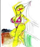  3_fingers alien anonymousinvader24 antennae beach big_breasts bikini boardwalk breasts butt clothed clothing fan_character feet female humanoid invader_zim irken leaning markings outside partially_clothed red_eyes seaside side_boob solo swimsuit traditional_media_(artwork) watercolor_(artwork) yellow_skin zisha 