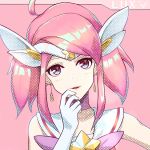 1girl alternate_costume alternate_hair_color alternate_hairstyle brooch choker earrings league_of_legends luxanna_crownguard magical_girl pink_hair solo star_guardian_lux tiara white_gloves 