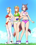  :&lt; animal_ears ass_visible_through_thighs bangs battle_athletes bikini blue_gloves blue_sky blunt_bangs breasts brown_hair choker cloud commentary day ear_covers eyebrows_visible_through_hair full_body gloves gold_ship grass green_eyes hand_on_hip highres horse_ears horse_girl horse_tail lavender_hair long_hair looking_to_the_side medium_breasts midriff multicolored_hair multiple_girls navel orange_hair outdoors purple_eyes red_bikini ribbon shiny shiny_skin shoes short_hair silence_suzuka silver_hair sky special_week standing swimsuit tail thighhighs two-tone_hair ueyama_michirou umamusume white_gloves white_legwear 