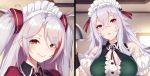  2girls alternate_costume antenna_hair azur_lane bangs bare_shoulders blush breasts brown_eyes closed_mouth commentary_request crossed_bangs detached_sleeves dress eyebrows_visible_through_hair eyes_visible_through_hair graf_zeppelin_(azur_lane) hair_between_eyes head_tilt highres large_breasts long_hair looking_at_viewer maid_headdress multicolored_hair multiple_girls multiple_views official_art parted_lips pokachu prinz_eugen_(azur_lane) red_eyes red_hair short_sleeves silver_hair sleeveless sleeveless_dress smile streaked_hair two_side_up 