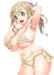  :d armpits arms_up bangs bikini blush breasts brown_hair commentary_request eyebrows_visible_through_hair fang frilled_bikini frills green_eyes hair_bobbles hair_ornament inuyama_aoi large_breasts long_hair looking_at_viewer navel onsoku_maru open_mouth plump side-tie_bikini side_ponytail simple_background skindentation smile solo standing stomach swimsuit thick_eyebrows white_background yellow_bikini yurucamp 