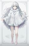  absurdres bangs bare_legs barefoot cape crystalherb eyebrows_visible_through_hair feet footprints frame full_body fur_trim hair_between_eyes highres long_hair looking_at_viewer original parted_lips pom_pom_(clothes) silver_eyes silver_hair solo toenails very_long_hair white_cape winter_clothes 