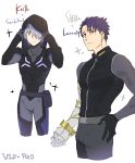  2boys absurdres amputee bodysuit character_name closed_mouth cosplay fate/grand_order fate_(series) father_and_son galahad_(fate) grand_dobu highres hood keith_(voltron) keith_(voltron)_(cosplay) lancelot_(fate/grand_order) lavender_hair multiple_boys prosthesis prosthetic_arm purple_hair simple_background sparkle takashi_shirogane takashi_shirogane_(cosplay) voltron:_legendary_defender white_background yellow_eyes 