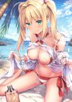  ahoge bangs bare_shoulders beach bead_bracelet beads bikini blonde_hair blush bracelet breasts breasts_outside collarbone commentary_request criss-cross_halter day dress earrings eyebrows_visible_through_hair fate/extra fate/grand_order fate_(series) gown green_eyes hair_intakes halterneck jewelry large_breasts licking_lips long_hair looking_at_viewer lotion lotion_bottle navel nero_claudius_(fate)_(all) nero_claudius_(swimsuit_caster)_(fate) nipples ocean outdoors palm_tree red_bikini seiza side-tie_bikini sitting smile striped striped_bikini swimsuit thighs tongue tongue_out tree twintails yuriko 