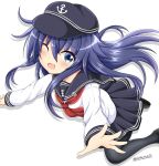  ;3 ;d akatsuki_(kantai_collection) anchor_symbol bangs black_footwear black_hat black_legwear black_sailor_collar black_skirt blue_eyes blush eyebrows_visible_through_hair flat_cap hair_between_eyes hat highres kantai_collection loafers long_hair long_sleeves neckerchief one_eye_closed open_mouth pantyhose pleated_skirt purple_hair red_neckwear sailor_collar school_uniform serafuku shirt shoes skirt smile solo tamayan twitter_username very_long_hair white_background white_shirt 