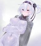  adapted_costume blush bodysuit breasts closed_mouth covered_navel covered_nipples crossed_arms dutch_angle grey_jacket hair_ornament headband jacket jacket_on_shoulders kantai_collection large_breasts looking_at_viewer medium_hair purple_eyes sailor_collar see-through side_ponytail silver_hair skin_tight solo suzutsuki_(kantai_collection) uni96_(uknee96) white_bodysuit 