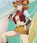  1girl bare_legs belt breasts cowboy_hat edited female hat large_breasts light_brown_hair melissa_claire microphone midriff navel no_bra panties pantyshot screencap shirt smile third-party_edit underwear vest yu-gi-oh! yuu-gi-ou yuu-gi-ou_arc-v 