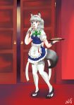  2016 6_breasts animal_humanoid apron blue_eyes breasts canine claws clothed clothing door eating female food grey_hair hair humanoid legwear maid_uniform mammal mansion medallion multi_breast nipple_bulge open_mouth sakuya_izayoi solo standing stockings taiyaki touhou transformation uniform were werewolf witchfiend wolf_humanoid 