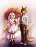  2016 anthro blue_eyes boots brown_fur brown_hair canine chibity clothing cosplay dagger dress duo female footwear fur hair hi_res kangaroo male mammal marsupial melee_weapon necktie pink_fur pink_hair ribbons romantic_couple simple_background tales_of_xillia tales_of_zestiria umbrella weapon wolf 