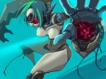 1girl blue_background cyan_hair cyclops glowing_eye jaide_(mon-musu_quest!) mecha_musume mon-musu_quest! monster_girl outstretched_arms red_eye robot short_hair tagme xelvy 