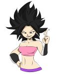  1girl artist_request bare_shoulders black_eyes black_hair breasts caulifla curvy dragon_ball dragon_ball_super female looking_at_viewer simple_background smile solo spiked_hair white_background 