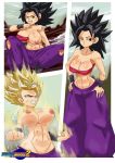  1girl artist_request bare_shoulders black_eyes black_hair blonde_hair blood breasts caulifla curvy dragon_ball dragon_ball_super female injury large_breasts nipples pain shiny_skin solo spiked_hair transformation 