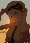  armpits azur_lane backlighting bangs bare_shoulders belt black_neckwear breasts closed_mouth cloud collared_shirt commentary_request enterprise_(azur_lane) eyebrows_visible_through_hair from_side hand_on_headwear hat head_tilt highres kamikakushi_no_ocarino large_breasts long_hair looking_at_viewer military_hat necktie orange_sky peaked_cap purple_eyes shirt sideboob sidelocks silver_hair sky sleeveless sleeveless_shirt solo sunset very_long_hair white_shirt wing_collar 