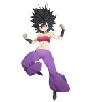  1girl bare_shoulders black_eyes black_hair breasts caulifla dragon_ball dragon_ball_super female full_body leeloo_dallas pants purple_pants simple_background smile solo spiked_hair white_background 