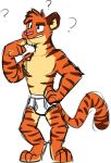  anthro barefoot briefs clothed clothing feline goronic mammal simple_background solo tiger tighty_whities topless underwear white_background white_underwear 