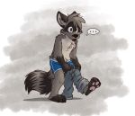  anthro barefoot blue_pants blue_underwear boxer_briefs clothed clothing dressing jeans mammal pants procyonid raccoon solo tinydeerguy topless underwear 