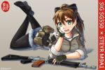 aqua_eyes arm_support assault_rifle bow brown_hair first_aid_kit gloves gun hair_bow hair_ornament hairclip highres holster holstered_weapon lying ndtwofives no_shoes on_stomach original pantyhose partly_fingerless_gloves ponytail rifle short_shorts shorts sig_550 sig_sauer simple_background solo steyr_m9 twitter_username weapon 