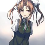  ahoge arms_behind_back brown_hair green_ribbon hair_ribbon kagerou_(kantai_collection) kantai_collection long_hair neck_ribbon purple_eyes remodel_(kantai_collection) ribbon school_uniform short_sleeves simple_background solo twintails upper_body vest white_background white_ribbon yashiro 