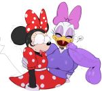 2018 avian balls beak bird breasts clothed clothing daisy_duck disembodied_penis disney duck english_text eyes_closed female humanoid_penis male mammal minnie_mouse mouse open_mouth penis rodent simple_background speech_bubble sssonic2 text tongue white_background 