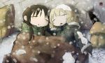  ahoge backpack bag bed_sheet black_hair blonde_hair chabezou chito_(shoujo_shuumatsu_ryokou) crying drawing fur_trim gloves highres lying military military_uniform multiple_girls no_headwear no_helmet sad shoujo_shuumatsu_ryokou snow snowing spoilers twintails uniform yuuri_(shoujo_shuumatsu_ryokou) 