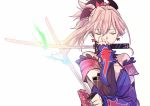  asymmetrical_hair bare_shoulders blue_eyes blue_kimono closed_eyes detached_sleeves dual_wielding earrings fate/grand_order fate_(series) fighting_stance hair_ornament holding holding_sword holding_weapon japanese_clothes jewelry katana kimono leaf_print maple_leaf_print miyamoto_musashi_(fate/grand_order) obi pink_hair ponytail sash short_kimono sleeveless sleeveless_kimono sword tsengyun unsheathed weapon 