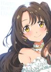  bare_shoulders bead_necklace beads brown_hair character_name choker collarbone dress earrings hair_between_eyes happy_birthday idolmaster idolmaster_cinderella_girls jewelry long_hair looking_at_viewer necklace o.m shimamura_uzuki side_ponytail simple_background smile solo star star_earrings strapless strapless_dress upper_body wedding_dress white_background white_choker yellow_eyes 