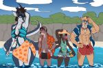  2018 abs anthro beach biceps big_breasts black_hair blonde_hair breasts broken_horn brown_hair bubble_gum bulge canine castbound cleavage clothed clothing dog dragon eyewear feline female glasses hair hat horn jeans looking_at_viewer male mammal muscular panther pants pecs pose saber-toothed_cat seaside shirt shorts size_difference smile standing sunglasses swimsuit voluptuous water wide_hips 