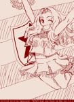  ;d abazu-red arms_up cheerleader emblem girls_und_panzer hair_intakes jumping kay_(girls_und_panzer) kneehighs long_hair midriff monochrome one_eye_closed open_mouth pom_poms saunders_(emblem) smile solo 
