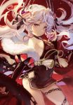  azur_lane bare_shoulders blush breasts cowboy_shot dress floating_hair hair_ornament hand_up heart heart_hair_ornament highres long_hair looking_at_viewer red_eyes ribbon sibyl sideboob silver_hair slit_pupils small_breasts smile solo twintails vampire_(azur_lane) weibo_username 