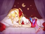  ahoge blonde_hair blush closed_eyes crescent curled_fingers curtains eyebrows_visible_through_hair facing_viewer flandre_scarlet hair_between_eyes hair_ribbon lying no_hat no_headwear on_bed on_stomach parted_lips pillow puffy_short_sleeves puffy_sleeves red_vest ribbon seiru_(seil_8) short_hair short_sleeves side_ponytail sleeping solo star striped striped_background touhou under_covers vest wings 