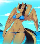  anthro bikini breasts clothing cutie_mark equine fan_character female kitsunewaffles-chan looking_at_viewer mammal my_little_pony outside pegasus smile solo swimsuit teasing thick_thighs wide_hips wings 
