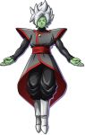  boots dragon_ball dragon_ball_fighterz dragon_ball_super earrings evil_smile full_body fused_zamasu fusion green_skin highres jewelry looking_at_viewer male_focus official_art outstretched_arms pointy_ears potara_earrings ring silver_hair smile solo spiked_hair transparent_background white_footwear zamasu 