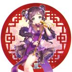  braid double_bun dress feather_boa flower green_eyes hair_flower hair_ornament holding holding_microphone idolmaster idolmaster_cinderella_girls looking_at_viewer maruna_(maru01) microphone purple_dress short_twintails smile solo standing twintails wristband yao_feifei 