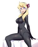  alia_(rockman) arm_support bangs blonde_hair blue_eyes blush bodystocking bodysuit breasts covered_navel covered_nipples embarrassed hair_over_shoulder headgear headphones large_breasts long_hair looking_at_viewer looking_to_the_side navel open_mouth rockman rockman_x rockman_x8 shiny shiny_clothes simple_background sitting solo sweatdrop ukimukai white_background 