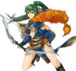  bow_(weapon) brown_footwear commentary dress earrings fingerless_gloves fire_emblem fire_emblem:_rekka_no_ken fire_emblem_heroes fur_scarf gloves green_eyes green_hair hair_tie high_ponytail highres holding holding_bow_(weapon) holding_weapon jewelry kamu_(kamuuei) long_hair lyndis_(fire_emblem) pelvic_curtain ponytail quiver sash scarf side_slit solo thighs weapon wrist_guards 