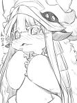  bangs blunt_bangs blush catchphrase ears_through_headwear furry greyscale hands_up horns jin_(mugenjin) long_hair looking_at_viewer made_in_abyss monochrome nanachi_(made_in_abyss) nose_blush pants parted_lips paws solo standing topless upper_body whiskers 