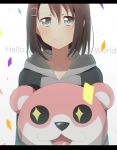  bang_dream! bangs black_jacket brown_hair collarbone confetti grey_eyes grey_hoodie hair_between_eyes hair_ornament hairclip harusawa hood hood_down jacket letterboxed looking_at_viewer mascot_head michelle_(bang_dream!) okusawa_misaki smile solo upper_body 