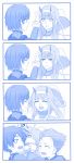  1girl 2boys 4koma :d absurdres blue bodysuit closed_eyes comic commentary_request crying darling_in_the_franxx eye_contact eyebrows_visible_through_hair fangs flying_teardrops hair_slicked_back hairband highres hiro_(darling_in_the_franxx) horns long_hair looking_at_another mitsuru_(darling_in_the_franxx) monochrome multiple_boys open_mouth simple_background smile tears viperxtr white_background wide-eyed zero_two_(darling_in_the_franxx) 