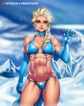  1girl artist_name bare_legs bare_shoulders bikini blonde_hair blue_eyes braid breasts cleavage curvy disney earrings elsa_(frozen) female frozen_(disney) gluteal_fold ice large_breasts long_hair looking_at_viewer midriff muscle parted_lips r3ydart single_braid sky smile solo standing swimsuit thighs 