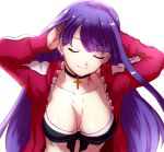  adjusting_hair aoba_(smartbeat) arms_up bikini black_bikini breasts cleavage closed_eyes closed_mouth collarbone cross_choker earrings eyebrows_visible_through_hair fate/grand_order fate_(series) jacket jewelry large_breasts long_hair long_sleeves open_clothes open_jacket pink_jacket purple_eyes saint_martha saint_martha_(swimsuit_ruler)_(fate) shiny shiny_hair smile solo straight_hair swimsuit very_long_hair 