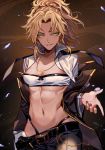  artist_name bandeau belt blonde_hair breasts chain commentary dark_background fate/grand_order fate_(series) gold_chain green_eyes hand_up jacket jewelry kubrick_stare long_sleeves looking_at_viewer loose_belt loose_pants marchab_66 medium_breasts mordred_(fate) mordred_(fate)_(all) nail_polish navel necklace open_clothes open_jacket ponytail red_nails sidelocks smile solo upper_body 