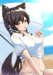  :p alternate_costume animal_ears atago_(azur_lane) azur_lane bangs beach beach_umbrella bikini bikini_bottom black_hair blue_sky blush breasts collarbone day eyebrows_visible_through_hair flower fox_ears fox_tail hair_flower hair_ornament half_updo horizon inora lens_flare long_hair medium_breasts navel no_bra ocean ribbon see-through shiny shiny_hair shirt short_sleeves side-tie_bikini sitting sky smile solo stomach sunlight swimsuit tail tied_hair tongue tongue_out umbrella very_long_hair white_bikini_bottom white_ribbon white_shirt yellow_eyes 